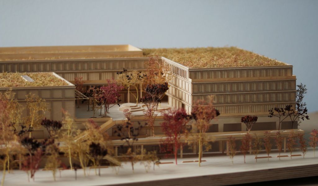 Architekturmodell aus Holz von einem 6-geschossigen Gebäude. Auf dem zweigeschossigen durchlaufenden Sockel gibt es einen L-förmigen Baukörper mit vier Geschossen, sowie ein rechteckiger Baukörper für die Sporthalle. Dazwischen bleibt ein Freibereich, der bepflanzt ist. Auf der Gebäuderückseite gibt es eine aufgeständerten Freibereich, der auch bepflanzt ist.