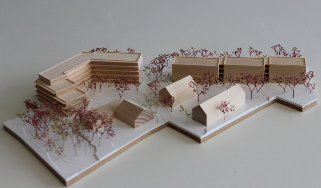 Modell für Architektenwettbewerb. Grundplatte aus weißem Kunststoff mit eingravierten Wegen. Gebäude aus massivem Lindenholz. Vier kleinere Gebäude mit Satteldach. Ein langgestreckter viergeschossiger Baukörper mit Flachdach entlang der Strasse. Ein hufeisenförmiger auf einer Seite abgetreppter fünfgeschossiger Baukörper mit Flachdach an der Spitze des Grundstücks. Bäume aus getrocknetem rötlichem Meerschaum.